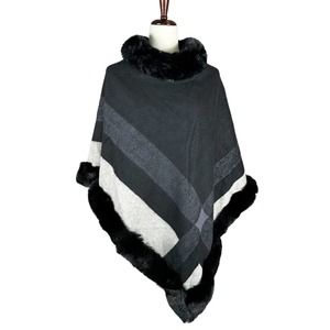 Patrizia Luca Women's Stripe Faux Fur Poncho Cape Shawl One Size Black Gray NWT